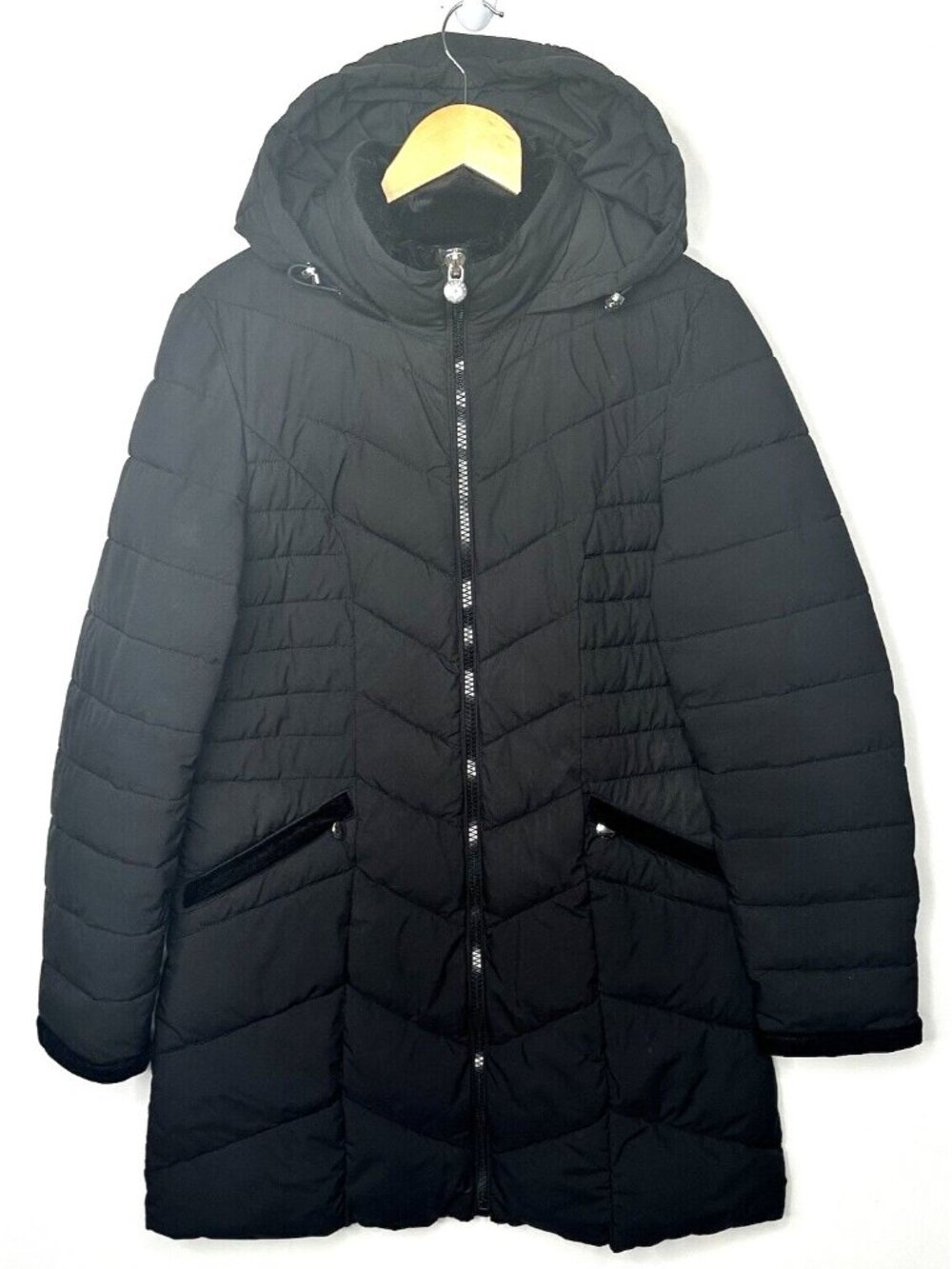 Laundry By Shelli Segal Puffer Jacket Hooded Windproof Long Black Womens Size M